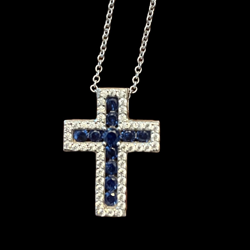 Diamonique QVC cross pendant necklace with lab created sapphires & Diamonique - Picture 4 of 6
